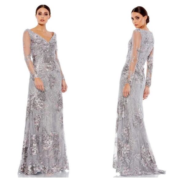 NEW Mac Duggal Embellished V Neck Illusion Long Sleeve Gown Size 14 - Picture 6 of 7